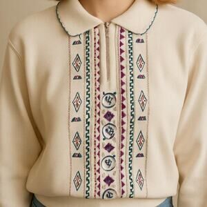 Vintage Embroidered Pullover Sweatshirt Women’s Medium Cottagecore Zip Collar